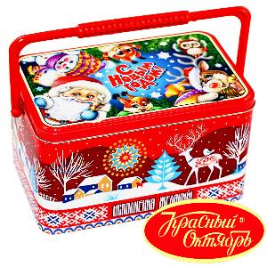Детский новогодний подарок в жестяной упаковке весом 1000 грамм по цене 1037 руб