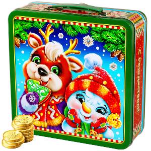 Детский подарок на Новый Год в жестяной упаковке весом 1450 грамм по цене 1194 руб