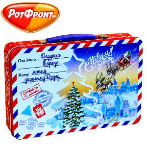 Сладкий новогодний подарок в жестяной упаковке весом 600 грамм по цене 936 руб
